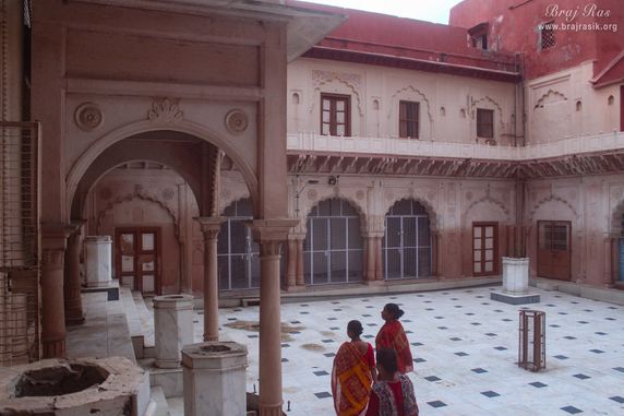Temple courtyard view from the entrance at Shri Radha Gopinath Ji Temple, Vrindavan
