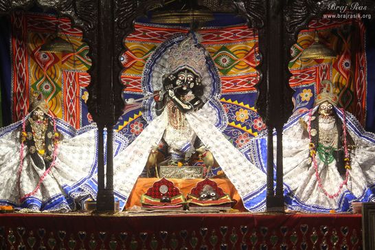 Close deity darshan in white attire in Shri Radha Gopinath Ji Temple, Vrindavan