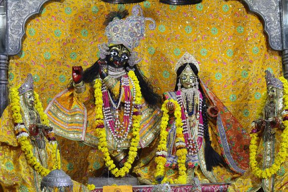 Darshan of Shri Radha Krishna in yellow attire at Shriji Ka Mandir, Vrindavan