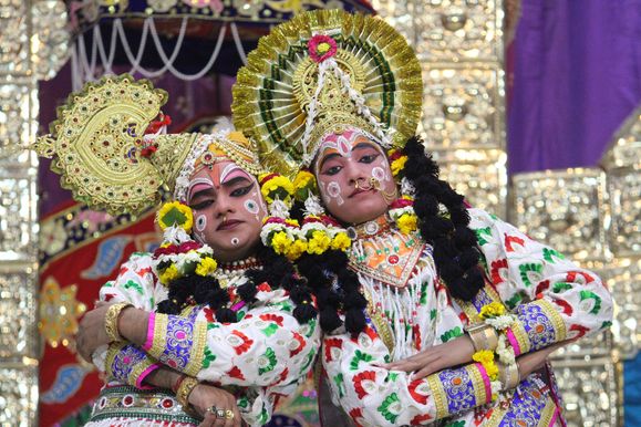 Close darshan of Shri Radha Krishna in white attire in Raas Leela, Vrindavan