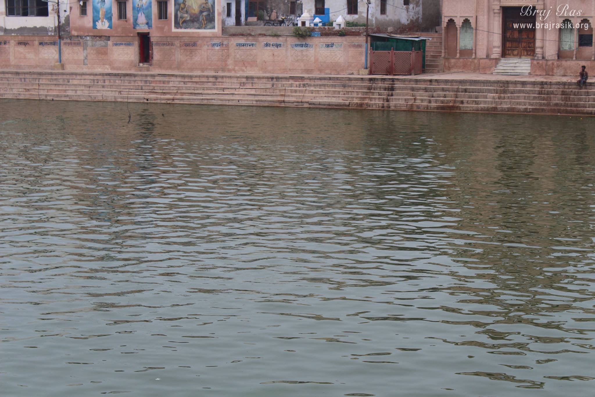 A close view of the waters of Shri Radha Kund.