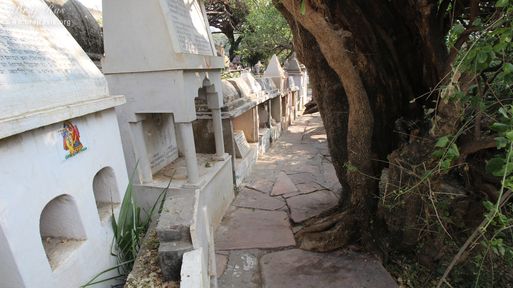 Backside view of Samadhi's at 64 Samadhis - Shri Chaushatt Mahant Samadhi Mandir Pastimes - Vrindavan