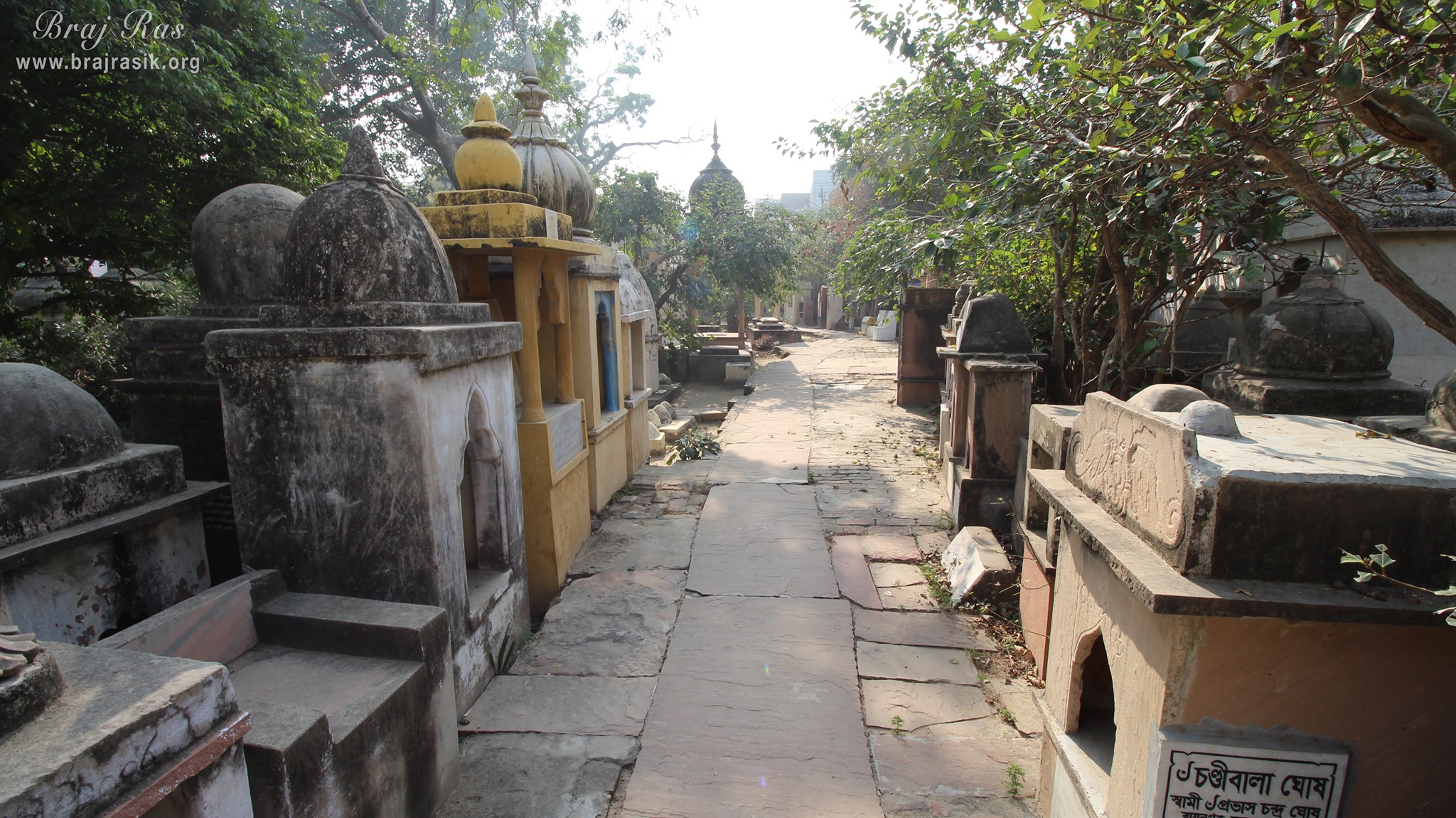 A beautiful view of parikrama path along with samadhi's of many saints at 64 Samadhis - Shri Chaushatt Mahant Samadhi Mandir Pastimes - Vrindavan