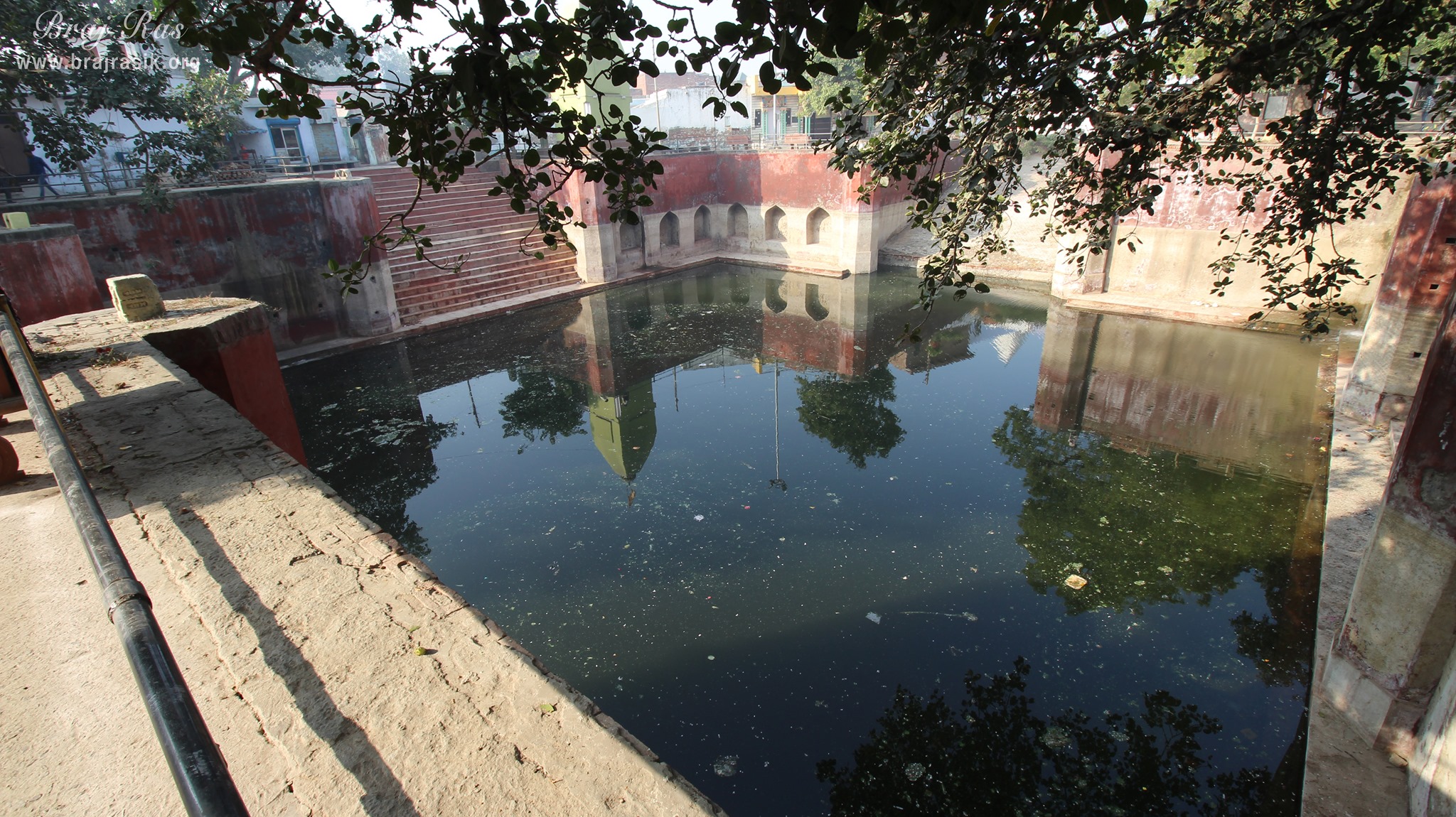 A view of the waters of the pond at Davanal Kund, Vrindavan.