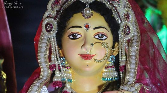 Shri Radha in a bride's dress (Dulhan) for a marriage ceremony with Krishn at Prem Mandir Vrindavan.