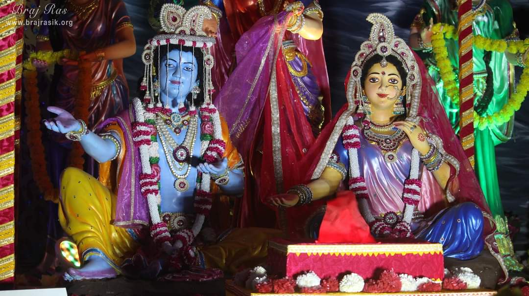 Shri Radha Krishna in a bride groom dress for a marriage ceremony (Vivah Leela) at Prem Mandir Vrindavan.