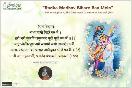राधा माधौ बिहरै बन मैं -  श्री आनन्दघन जी, घनानंद ग्रंथावली, पदावली (188)