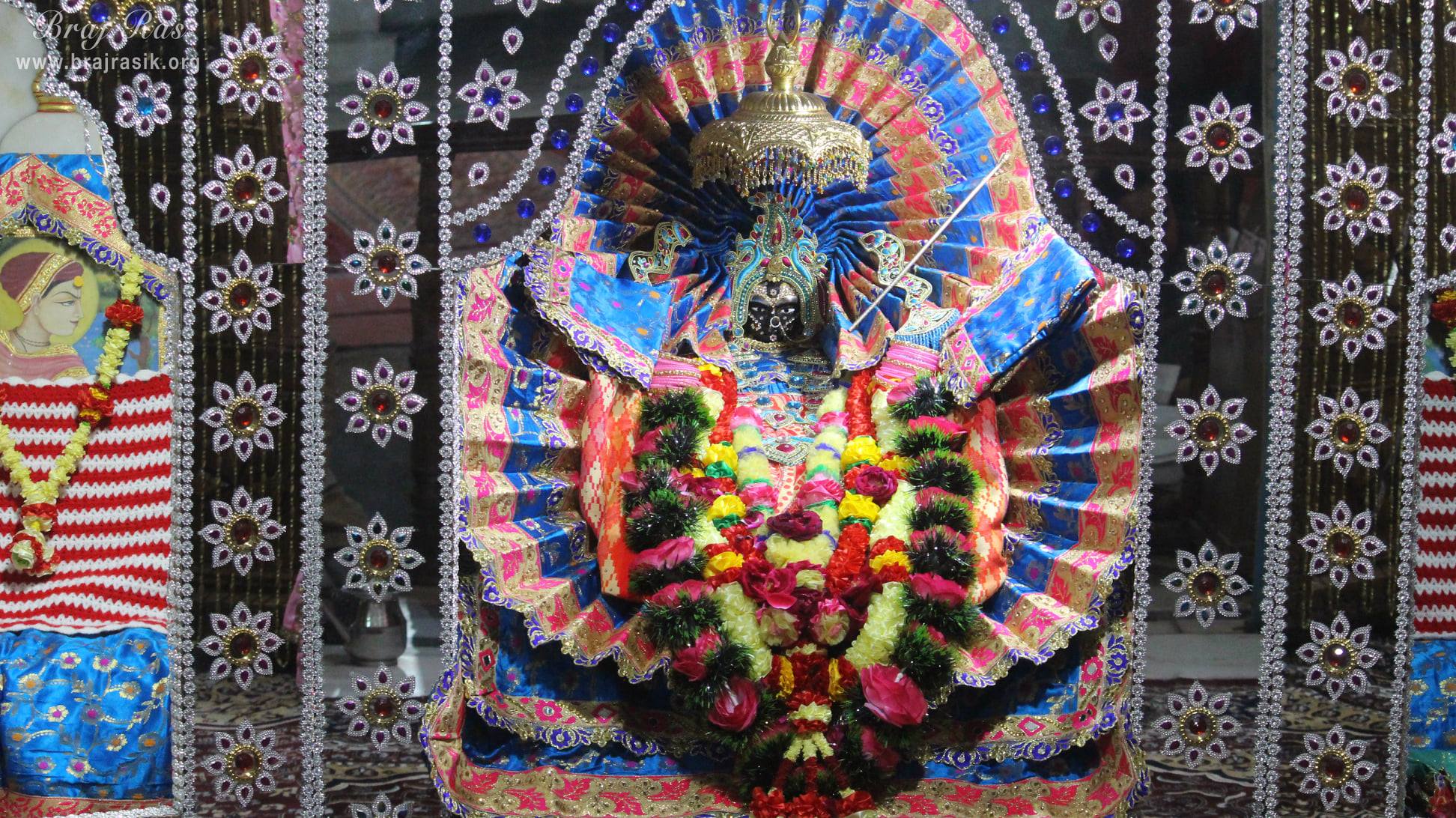 Beautiful decorated deity Shri Radha's darshan at Old Raas Mandal or Hita Raas Mandal, Vrindavan.