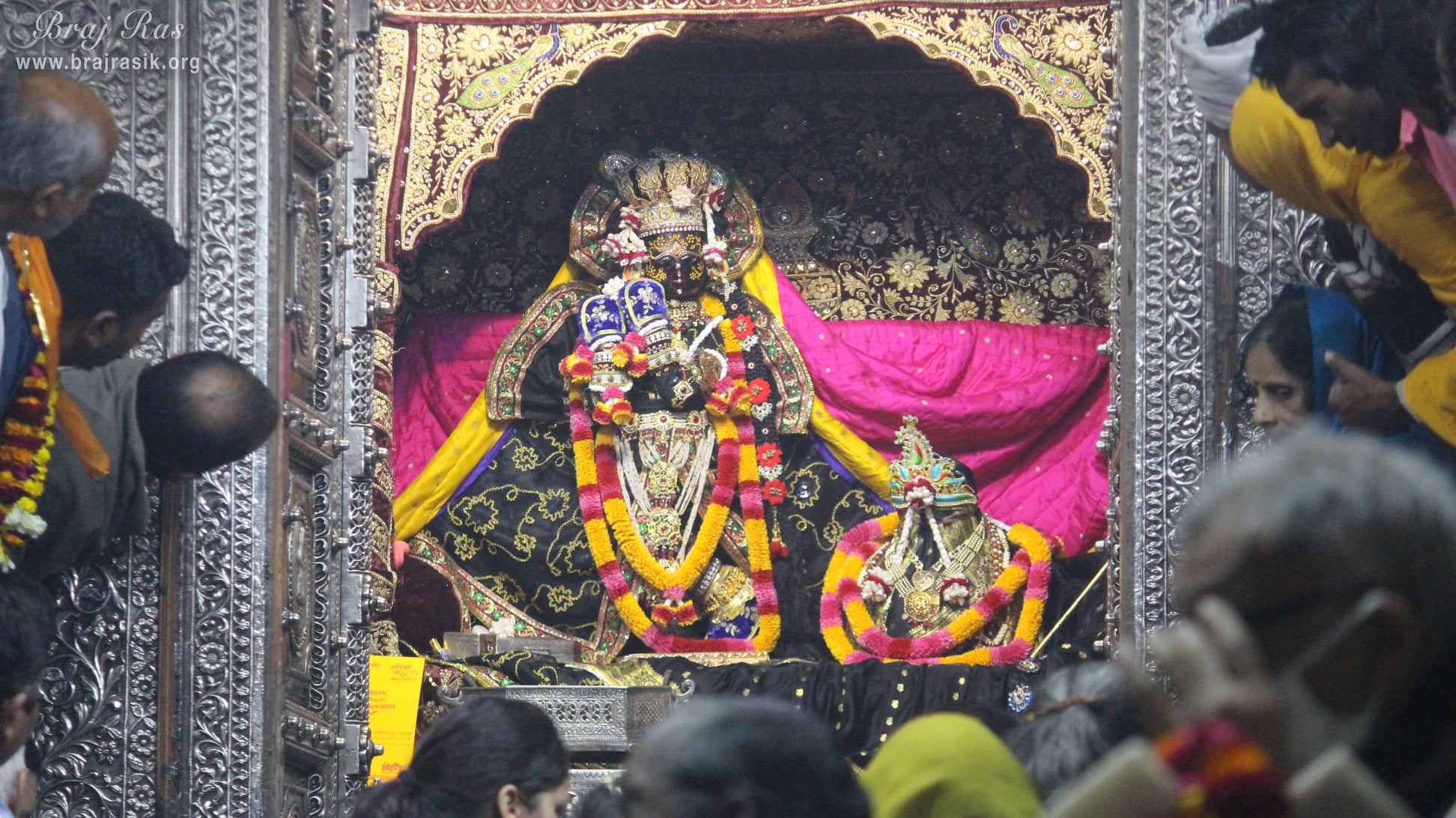 Beside Shri Radha Vallabh lal is the throne of Shri Radha. Between Shri Radha and Krishn, Radha is worshipped here. Here, worshipful deity and the acharya [spiritual master] is Shri Radha Herself.