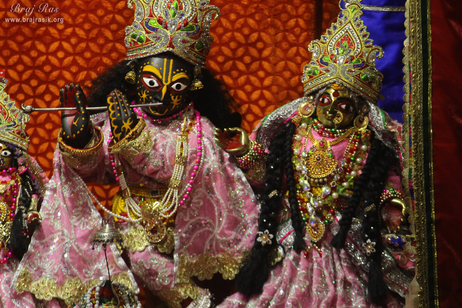 Deity Darshan in light pink and silver attire at Shri Radha Gokulananda Temple, Vrindavan