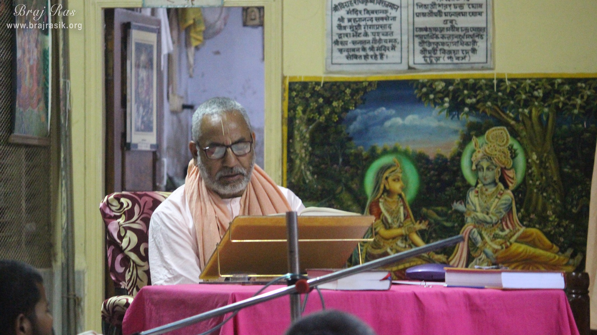 A Vaishnava saint giving spiritual discourse to devotees at Shri Roop Sanatan Gaudiya Math, Vrindavan