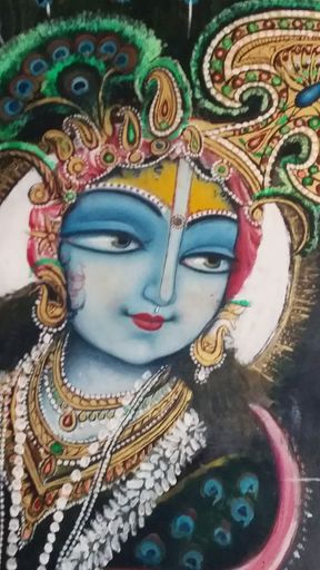 Shri Krishna disguised as a peacock, painting at Morkuti, Barsana.