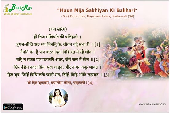 हौं निज सखियनि की बलिहारी - श्री हित ध्रुवदास, बयालीस लीला, पद्यावली (34)