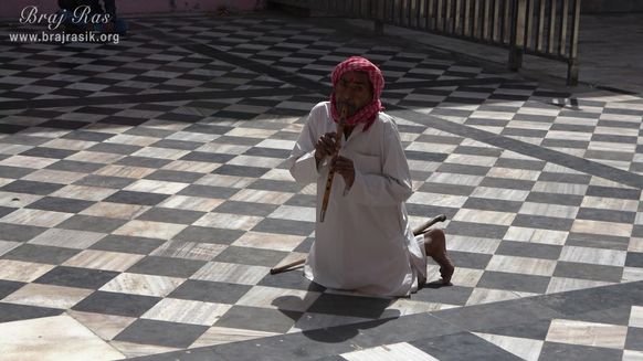 A devotee playing flute for Shri Baldev Ji at Shri Dauji temple, Lauhavan