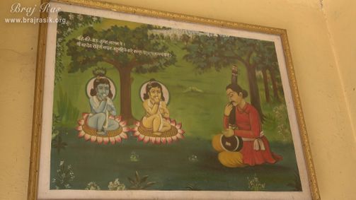 A painting of Shri Krishna Balram with Parmanand Das Ji at Shri Dauji temple, Lauhavan