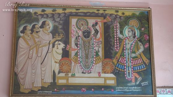 Painting of Shrinath Ji with Yamuna Ji on his left side and Shri Vallabhacharya Ji, Gosain Vitthalnath Ji at his right side at Shri Dauji temple, Lauhavan