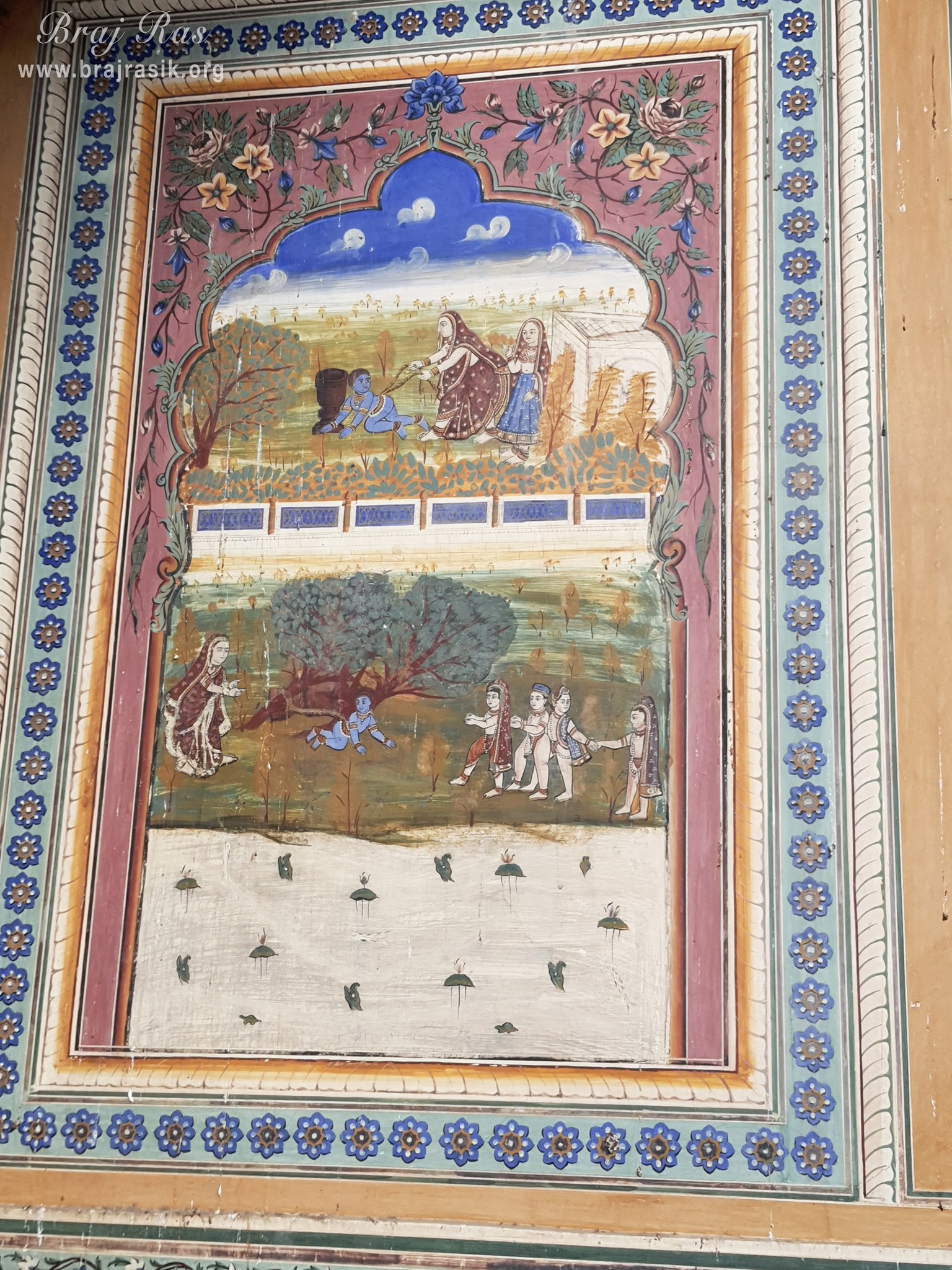Painting of Shri Krishna's childhood pastimes depicted on the wall at Shri Kushal Bihari Temple, Barsana
