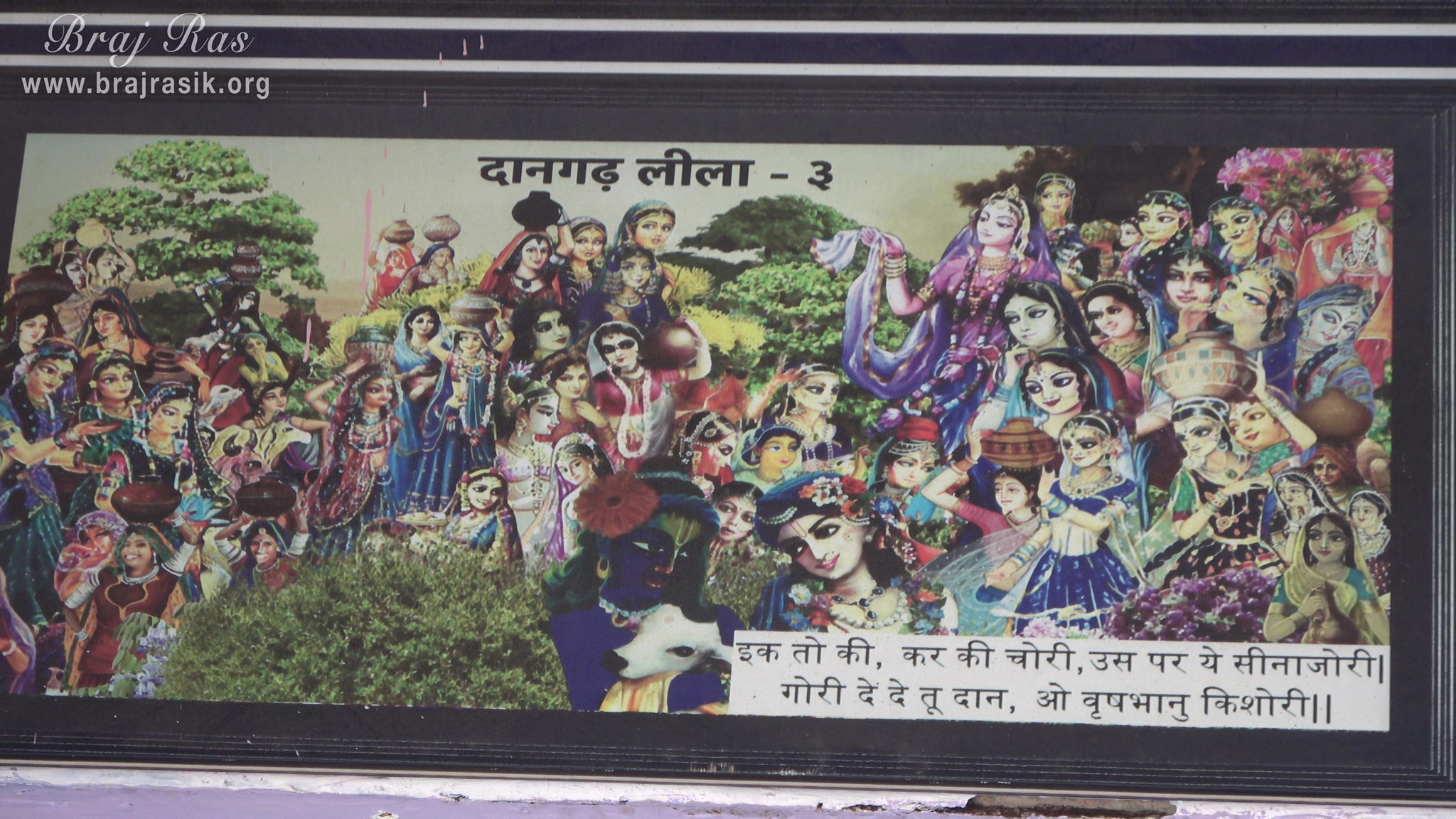 Third photo of Pastimes depicted on the wall of Shri Dan Bihari Temple at Dan Garh - Barsana