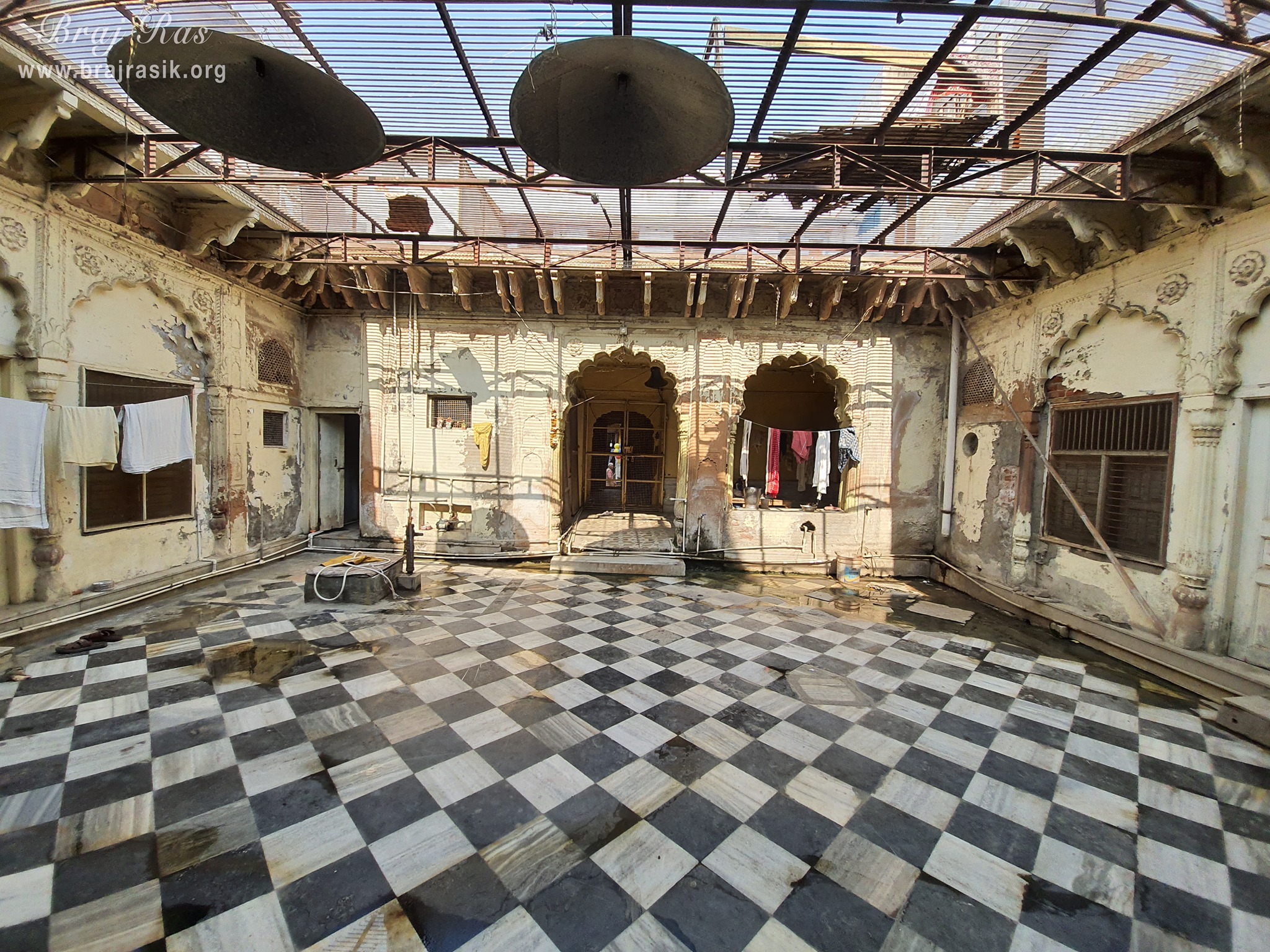 Distant view of temple courtyard of Shri Krishna Chandrama Ju Temple, Vrindavan
