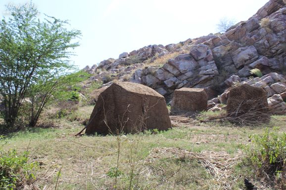 View of the small huts near Vyomasur's Cave in Kamyavan