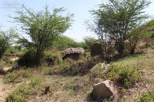 View of small huts in the forest of hill near Vyomasur's Cave in Kamyavan.