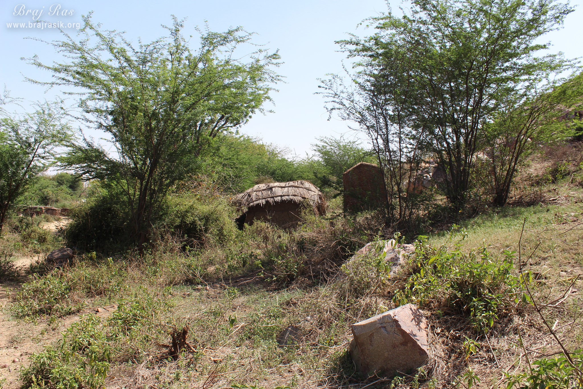View of small huts in the forest of hill near Vyomasur's Cave in Kamyavan.