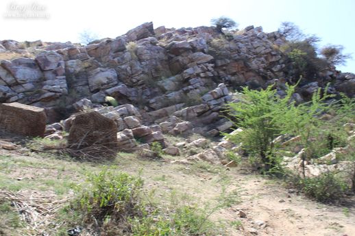 View of the rocks of hill near Vyomasur's Cave in Kamyavan.