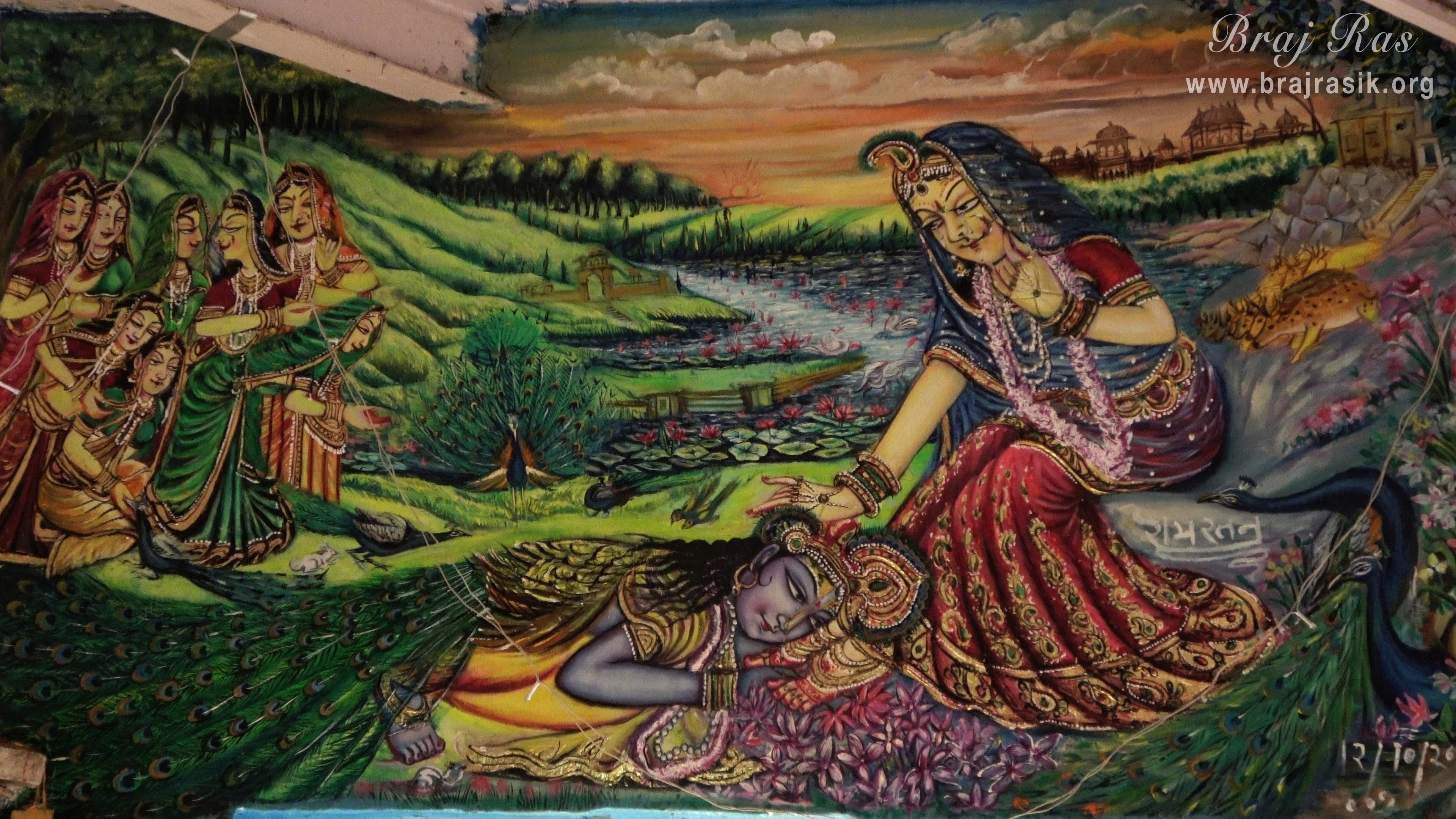 एक दृश्य में श्री कृष्ण रोते हुए श्री राधा की चरण सेवा करते हुए मोरकुटी में 