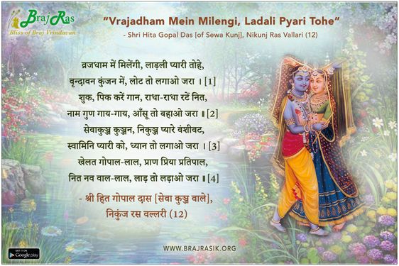 व्रजधाम में मिलेंगी, लाड़ली प्यारी तोहे - श्री हित गोपाल दास [सेवा कुञ्ज वाले], निकुंज रस वल्लरी (12)