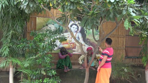 A beautiful picture of Shri Krishn with his cow is hanging on a hut at Ramanreti, Gokul - Braj.