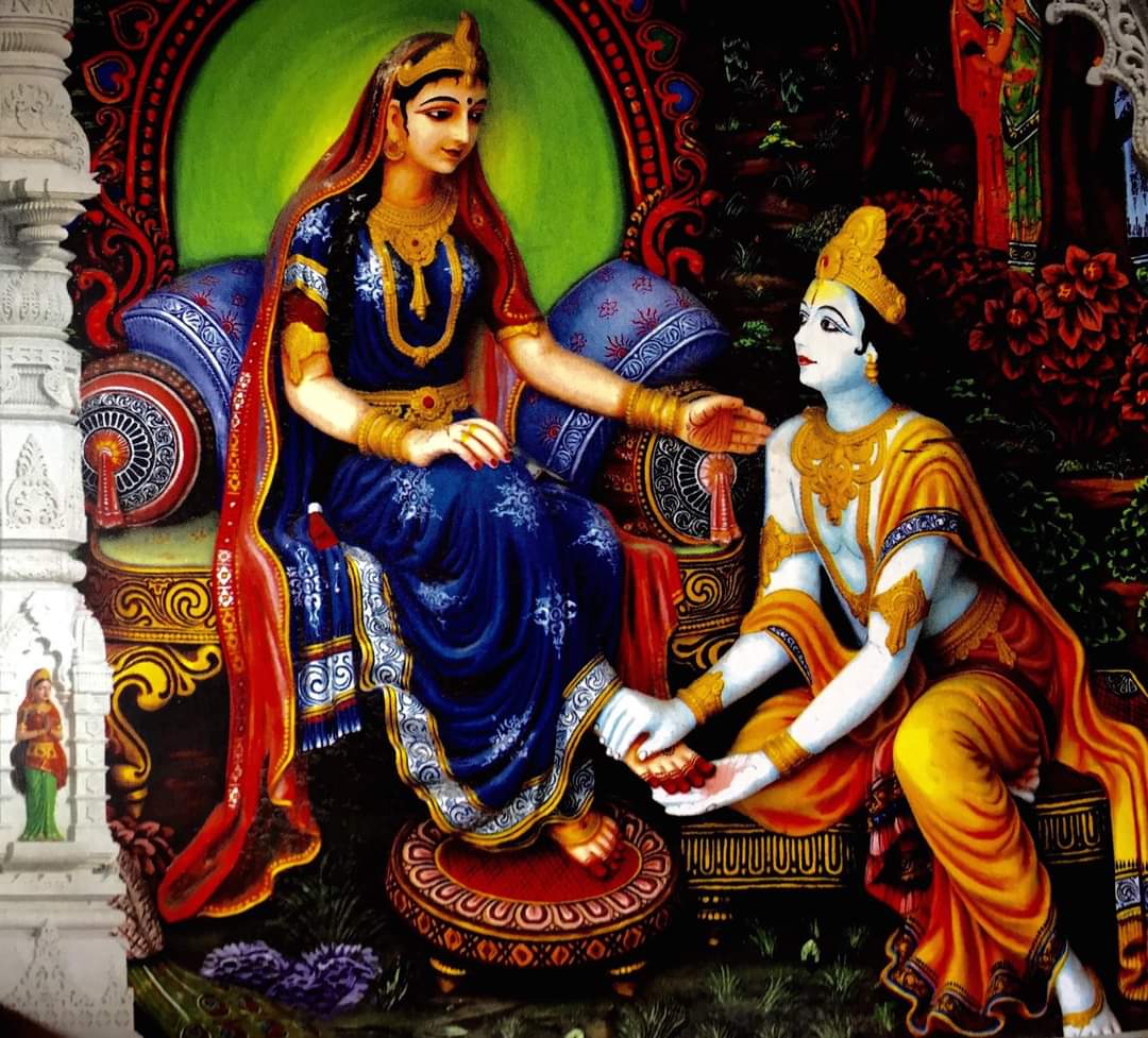 Shri Krishn serving Shri Radha's lotus feet, Prem Mandir, Vrindavan.