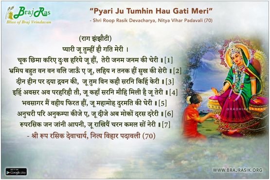 प्यारी जू तुम्हीं हौ गति मेरी - श्री रूप रसिक देवाचार्य, नित्य विहार पदावली (70)
