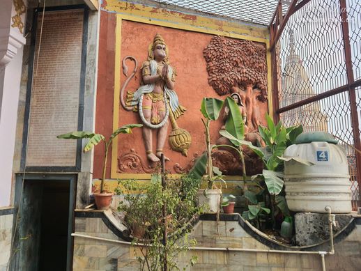 Shri Hanuman Ji is depicted on the wall at Hanuman Garhi Temple, Vrindavan.