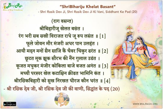 श्रीबिहारीजू खेलत बसंत - श्री रसिक देव जी, श्री रसिक देव जी की वाणी, सिद्धांत के पद (20)