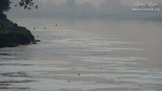 A calm view of Shri Yamuna Ji at Shri Thakurani Ghat and Shri Govind Ghat in Gokul.