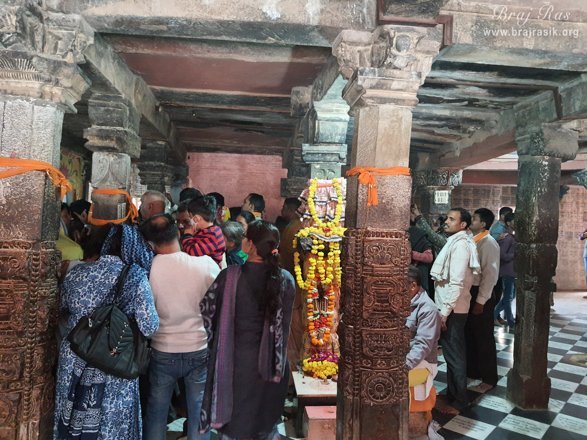 View of ancient pillars at Nand Bhavan or Chaurasi Khamba Temple in Gokul.