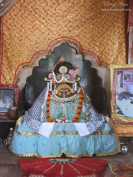 Close darshan of Swami Haridas's spiritual master Shri Ashudhir Dev Ji in the form of Govardhan rock at Radha Bavdi in Vrindavan.