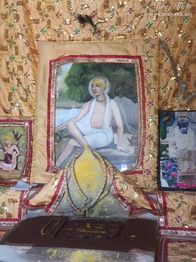 Close view of the bhajan place of Swami Bhagwat Rasik Dev Ji at Radha Bavdi in Vrindavan.