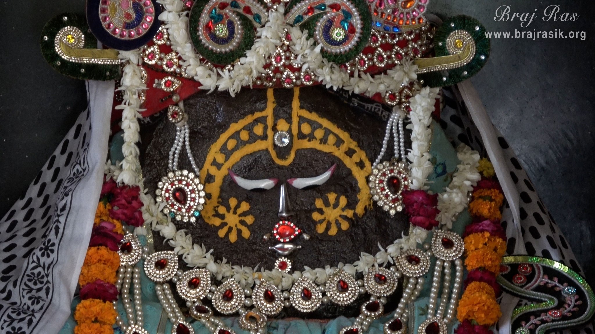 Closeup darshan of Swami Haridas's spiritual master Shri Ashudhir Dev Ji in the form of Govardhan rock at Radha Bavdi in Vrindavan.