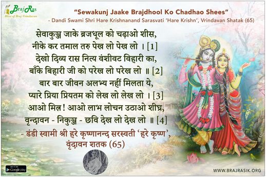 सेवाकुञ्ज जाके ब्रजधूल को चढ़ाओ शीस - डंडी स्वामी श्री हरे कृष्णानन्द सरस्वती ‘हरे कृष्ण’, वृंदावन शतक (65)