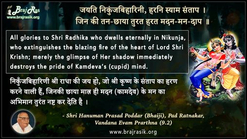 जयति निकुंजबिहारिनी, हरनि स्याम संताप - श्री हनुमान प्रसाद पोद्दार (भाईजी), पद रत्नाकर, वंदना एवं प्रार्थना (9.2)