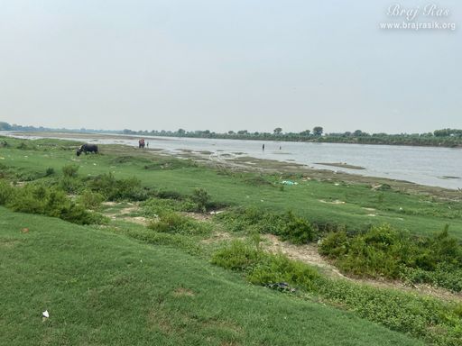 A distant view of Chintaharan Ghat of Yamuna Ji near Chintaharan Mahadev Temple in Gokul Mahavan.