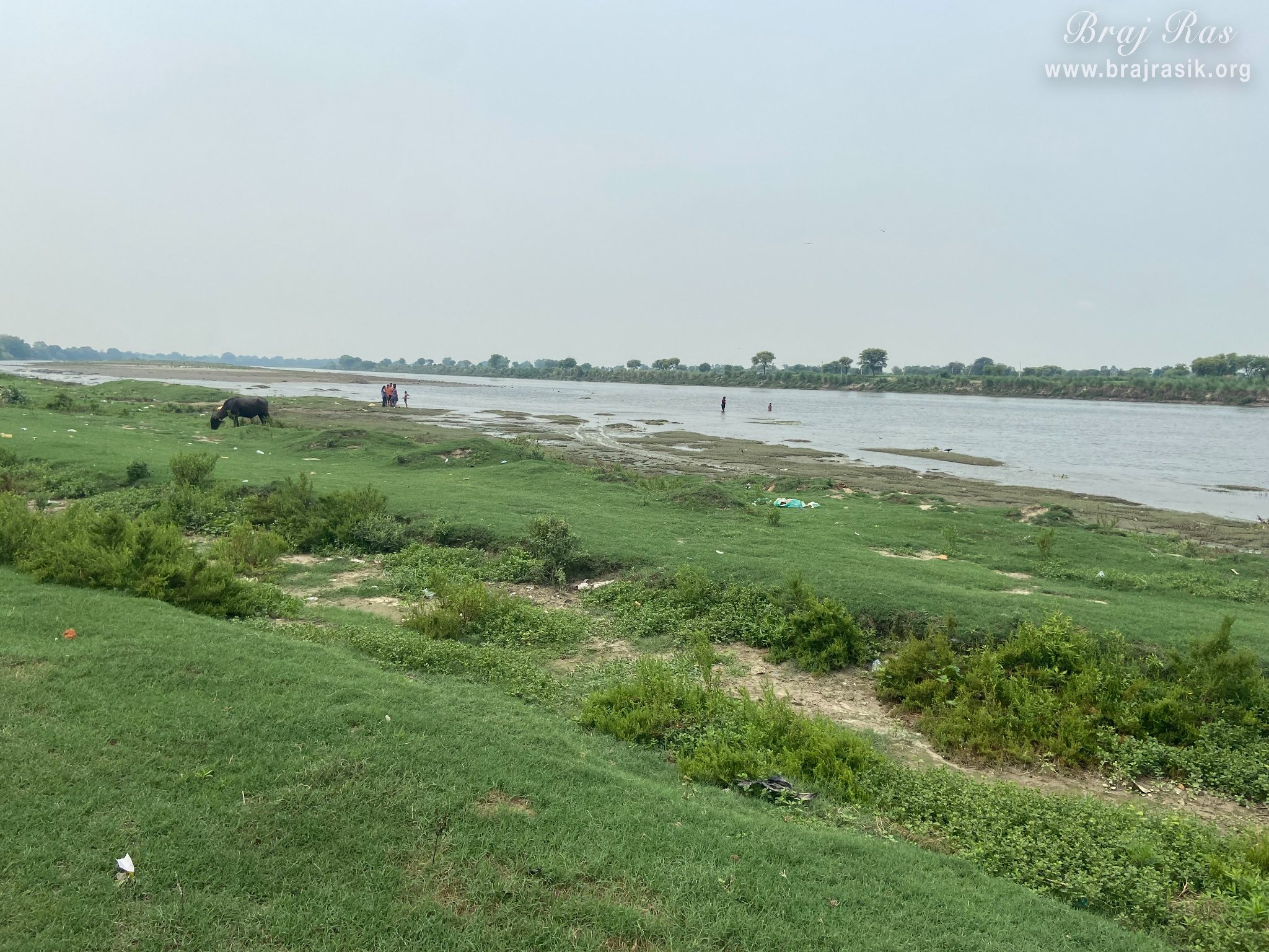 A distant view of Chintaharan Ghat of Yamuna Ji near Chintaharan Mahadev Temple in Gokul Mahavan.
