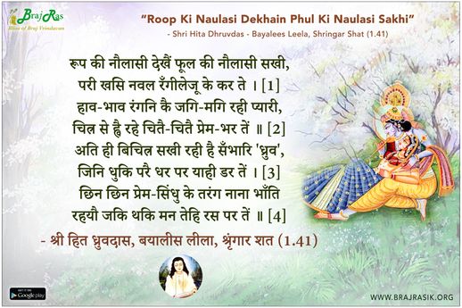 रूप की नौलासी देखैं फूल की नौलासी सखी - श्री हित ध्रुवदास, बयालीस लीला, श्रृंगार शत 1 (41)