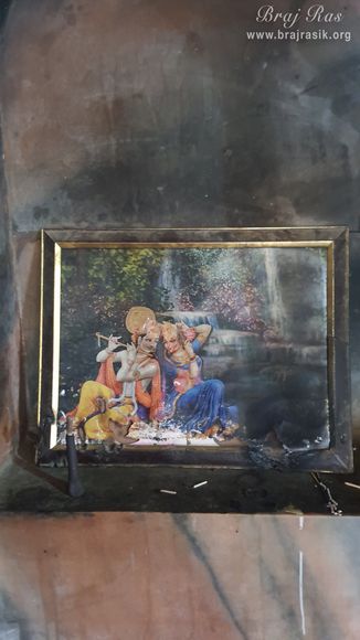 View of the picture of Shri Radha Krishn on the wall of Brahmand Vihari temple at Brahmand Ghat in Gokul Mahavan.