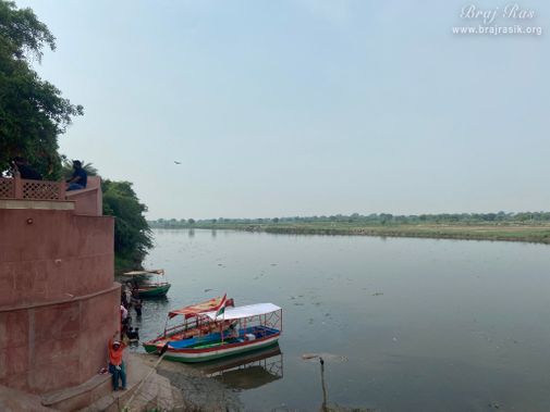 View of a boat situated on the banks of Yamuna at Brahmand Ghat in Gokul Mahavan.