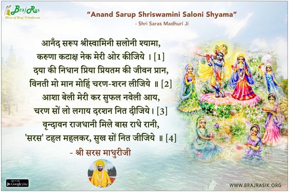 आनँद सरूप श्रीस्वामिनी सलोनी श्यामा - श्री सरस माधुरीजी