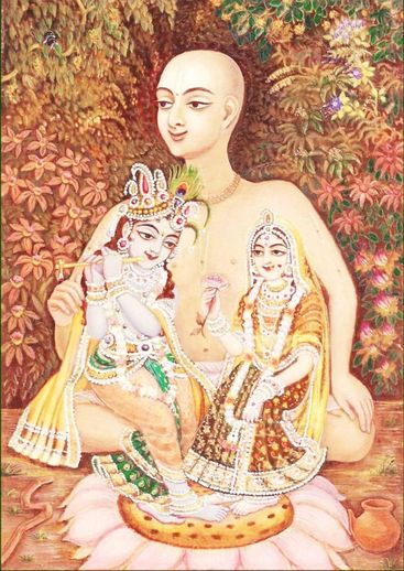 Swami Haridas Potrait with Shri Radha Krishn on His lap.