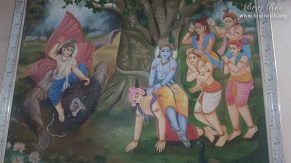 The pastime of Lord Balram slaying demon Pralambasur is depicted on a wall at Bhandirvan.