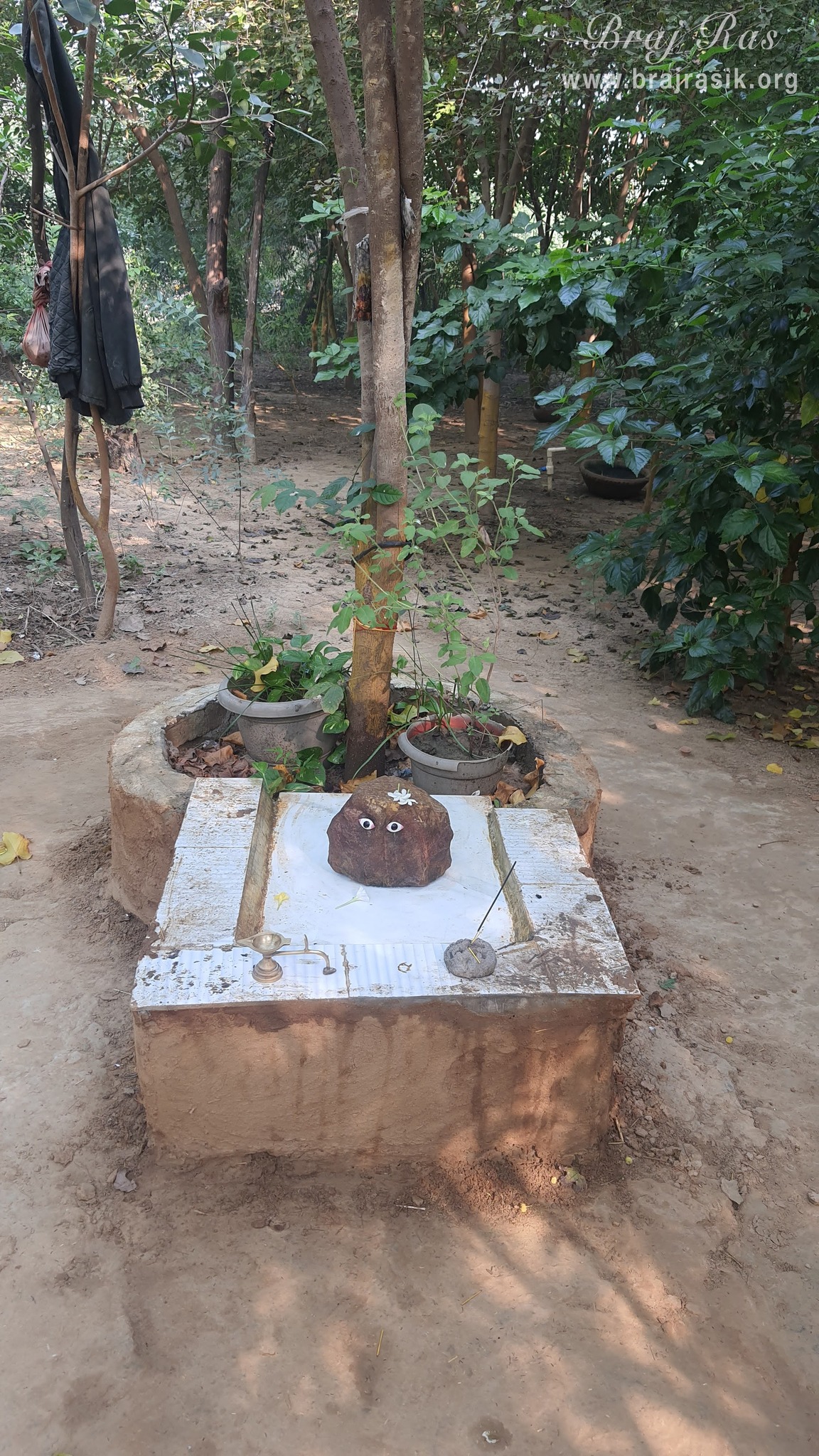 View of Govardhan Shila at the bhajan kutir of a sadhu near Vanshivat.